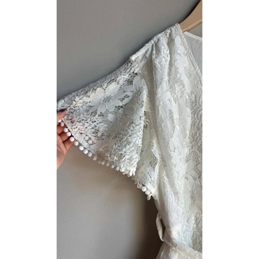 Selfie Leslie Lace Flutter Sleeve Wrap Dres L Bridal Cottaecore Boho Coquette